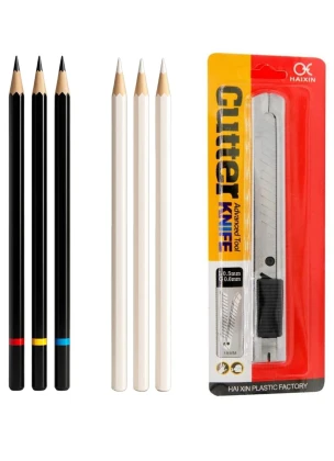 Anvis Black Charcoal Pencil, White Charcoal Pencil, and Haixin Cutter Knife