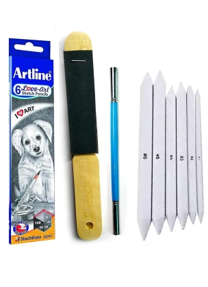 Artline Drawing Pencil Set with Paper Stamp Blender, Pencil Extender and Sand Paper
