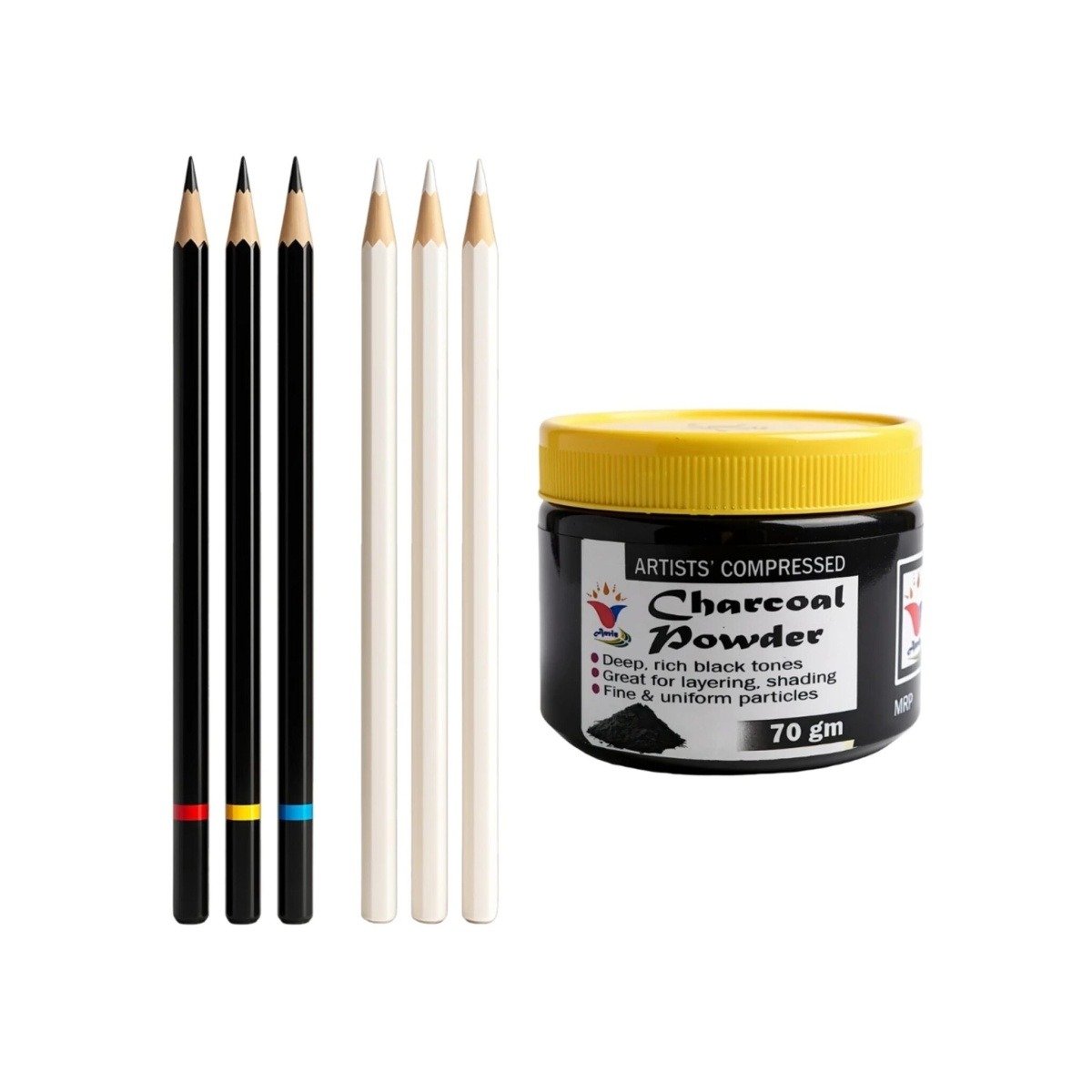 Anvis Charcoal Black and White Pencils Set, 70gm Compressed Charcoal Powder