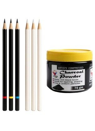 Anvis Charcoal Black and White Pencils Set, 70gm Compressed Charcoal Powder