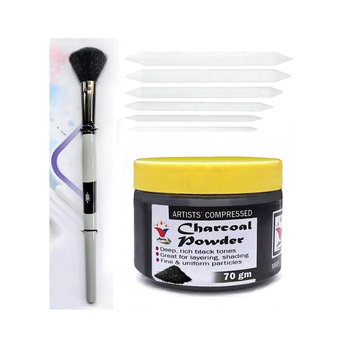 Artist Black Charcoal Powder, Blending Brush, and Paper Stumps Blender for sketching, drawing