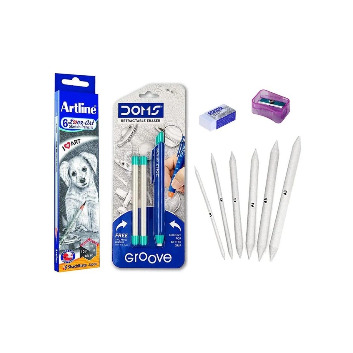 Artline Art Sketch Pencils, Retractable Eraser, Blender Set, Eraser, Pencil Sharpener Combo Pack