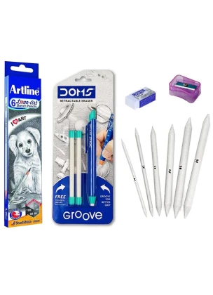 Artline Art Sketch Pencils, Retractable Eraser, Blender Set, Eraser, Pencil Sharpener Combo Pack