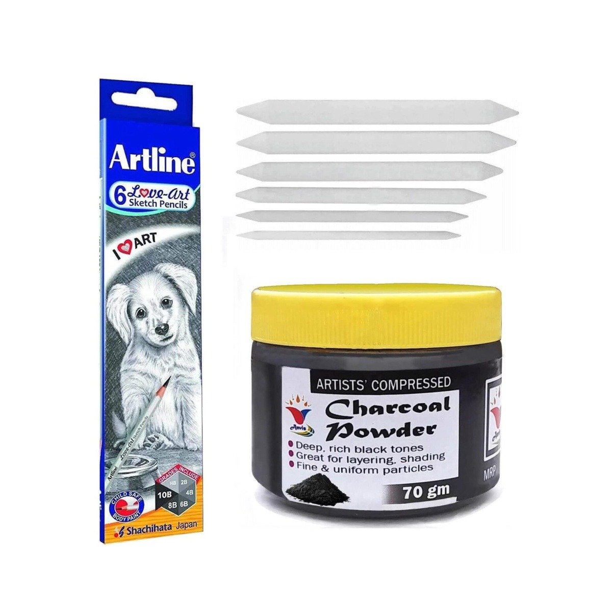 Black Charcoal Powder, Artline Drawing Pencil with Paper Blending Stamps, sketching, drawing