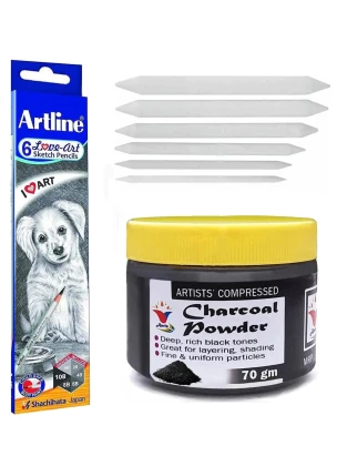 Black Charcoal Powder, Artline Drawing Pencil with Paper Blending Stamps, sketching, drawing
