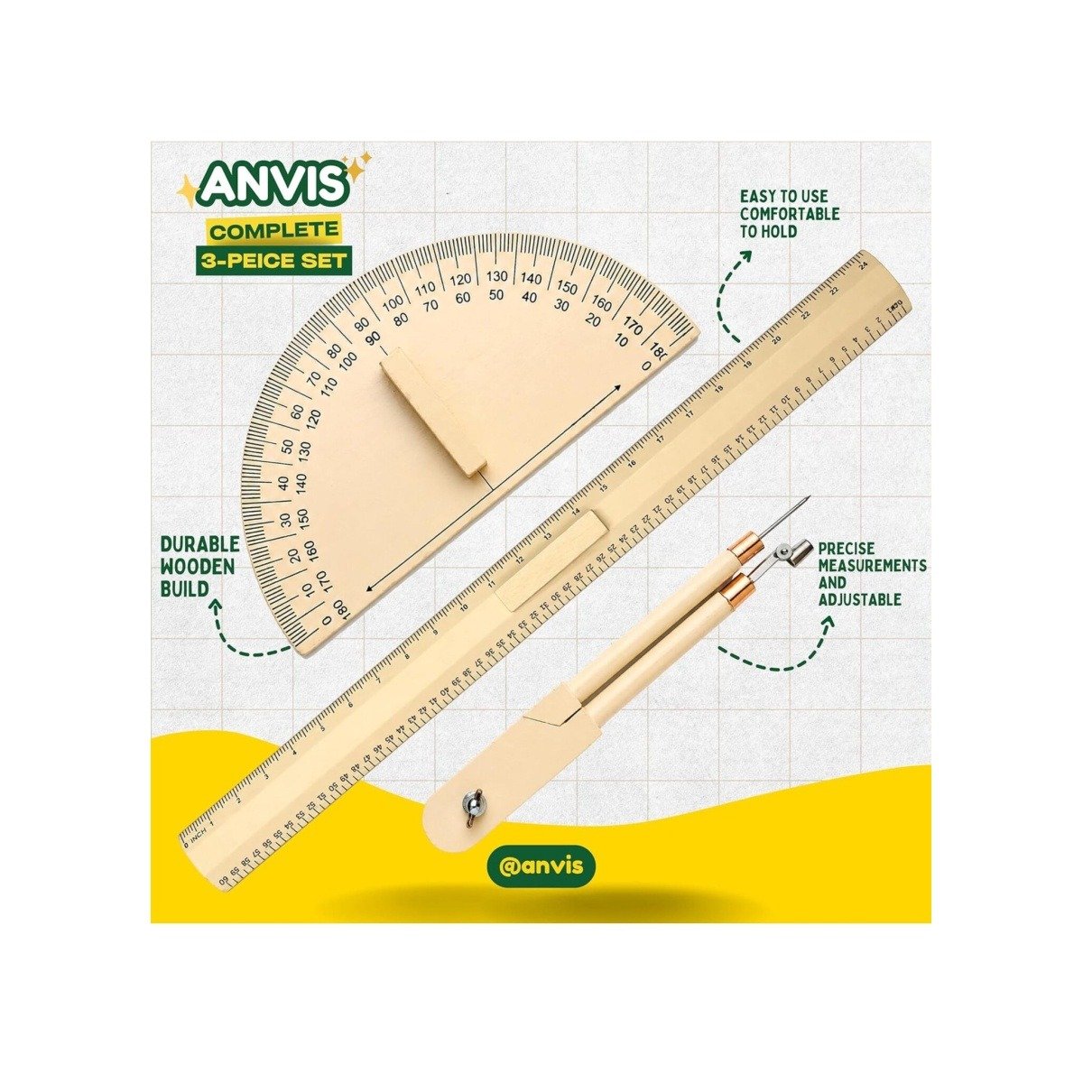 Wooden Compass | Protractor | 18 in Ruler for Teachers Drawing on Blackboard in Schools, Classes, and Any Teaching Purpose