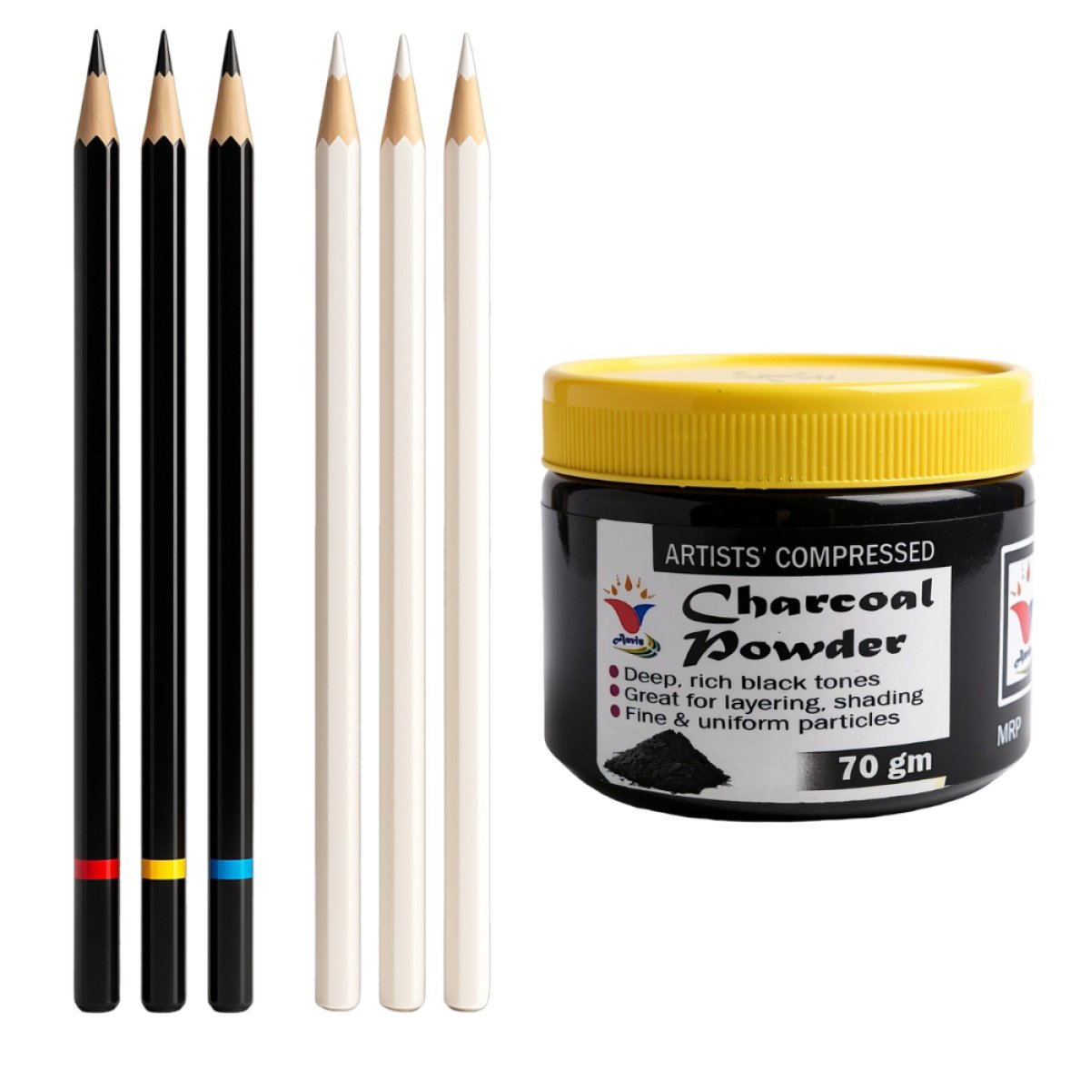 Anvis Charcoal Pencil's Set with Powder, Black and White Pencils for Drawing and Sketching, 70gm Compressed Charcoal Powder