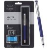 Parker Vector Mettalix Fountain Pen with Quink Ink Bottle | Ink Color Blue | Blue Body with Chrome Trim, Refillable Fine Nib Pen | Smooth Writing Gift Set for Students, Writers, and Professionals