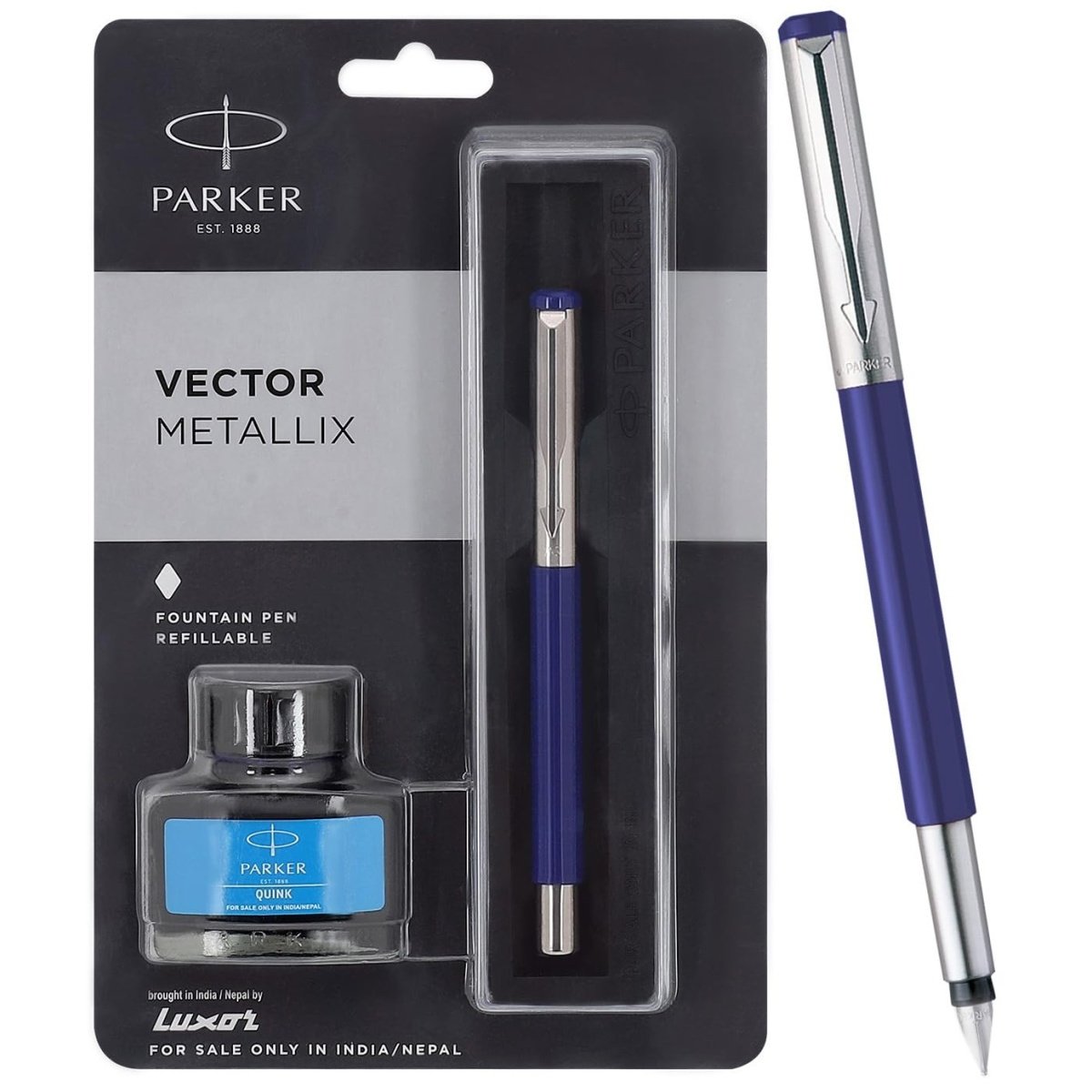 Parker Vector Mettalix Fountain Pen with Quink Ink Bottle | Ink Color Blue | Blue Body with Chrome Trim, Refillable Fine Nib Pen | Smooth Writing Gift Set for Students, Writers, and Professionals