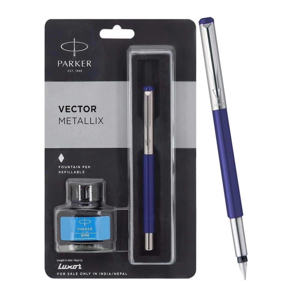Parker Vector Mettalix Fountain Pen with Quink Ink Bottle