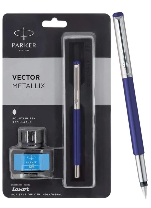 Parker Vector Mettalix Fountain Pen with Quink Ink Bottle