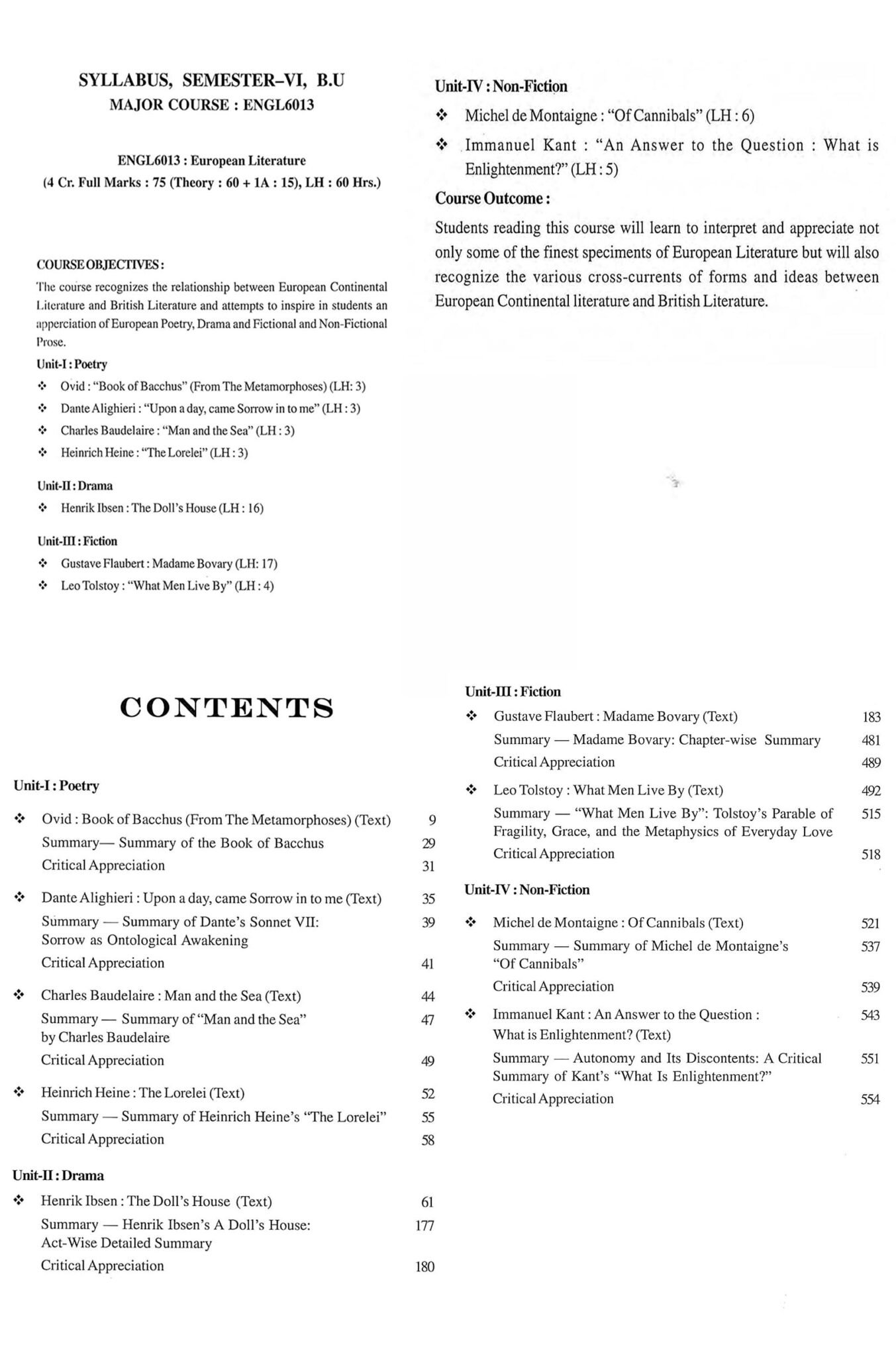 European Literature Semester-6, Burdwan University Major Course (Contents)