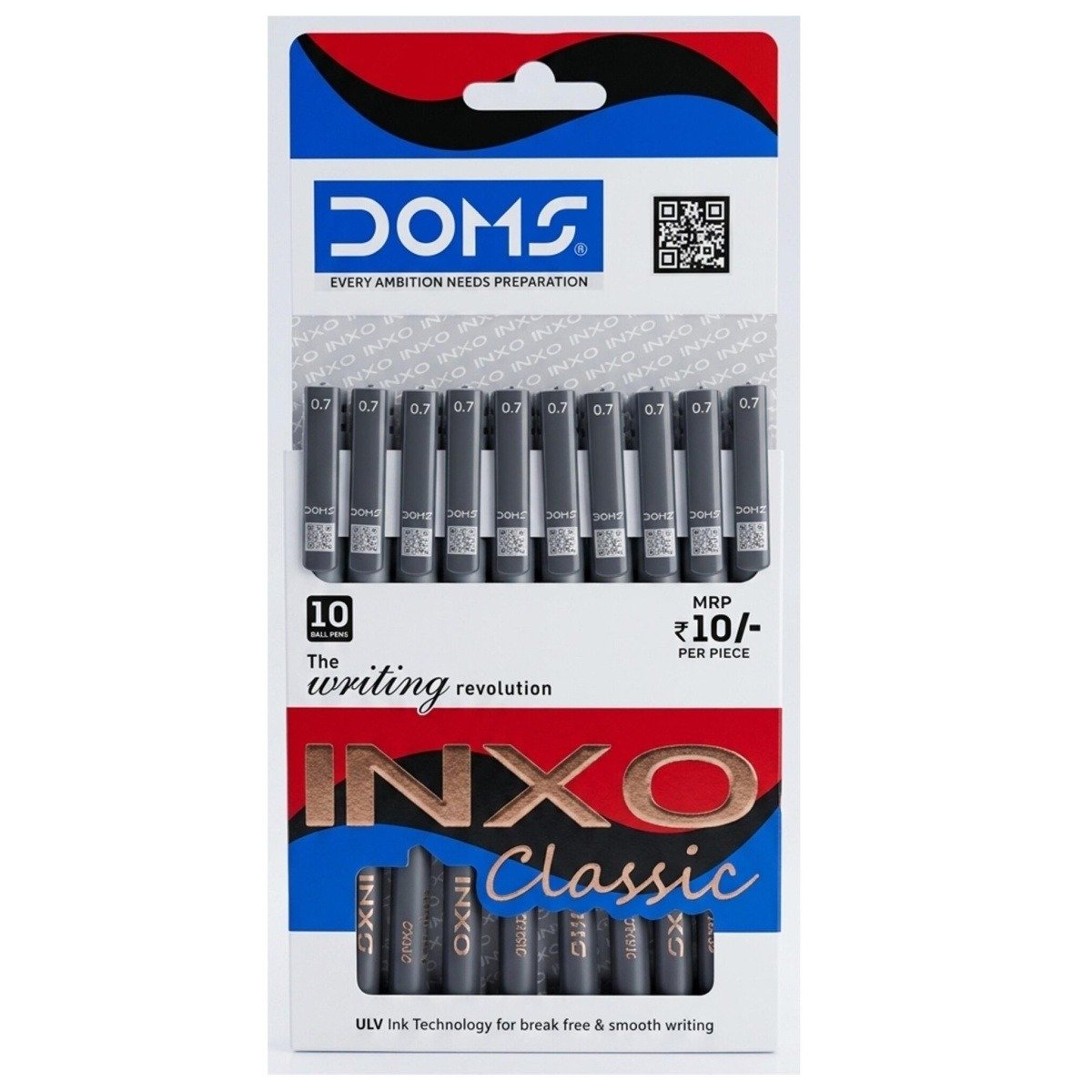 Doms Inxo Classic Ball Pen 0.7 mm | Ink Black [ULV Ink Technology for Break Free and Smooth Writing]
