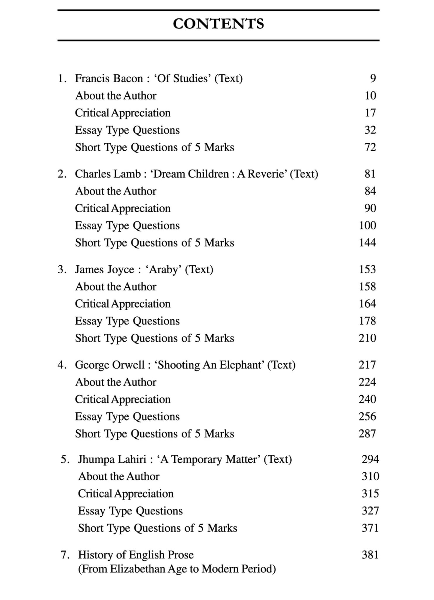 English Lierature Prose Dsc-2-M-2 Semester-2, Calcutta University (Contents)