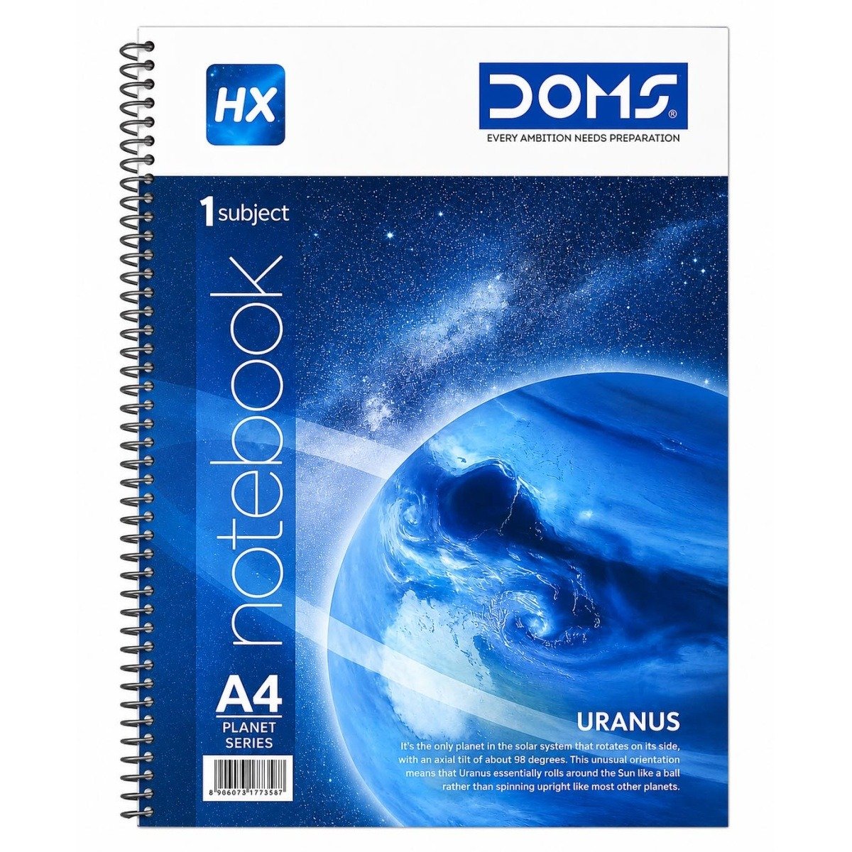 Doms A4 Single Line Spiral Notebook, 1 Subject 70 Gsm 180 Pages (Uranus Series)