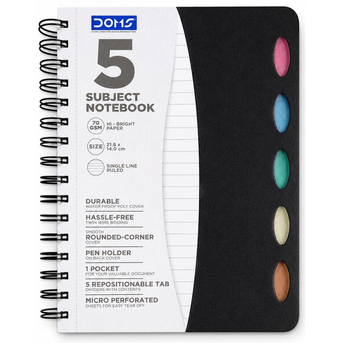 Doms 5 Subject Single Line Notebook 70 Gsm- 21.6x14cm