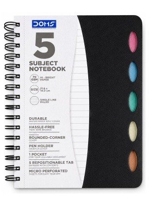 Doms 5 Subject Single Line Notebook 70 Gsm- 21.6x14cm