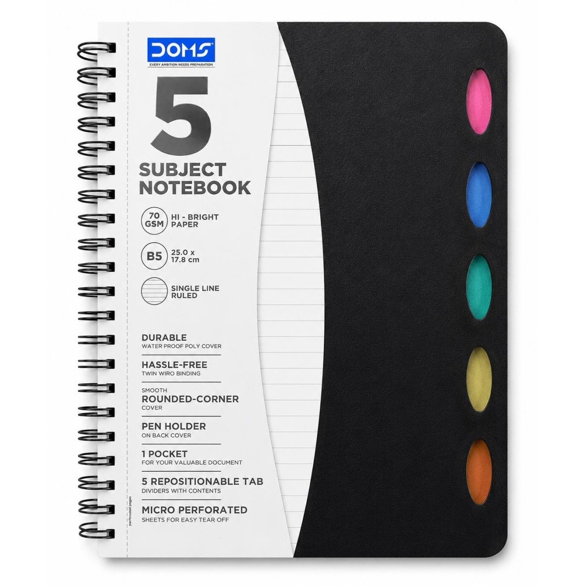 Doms 5 Subject Single Line Notebook 70 Gsm- 25.0x17.8 cm