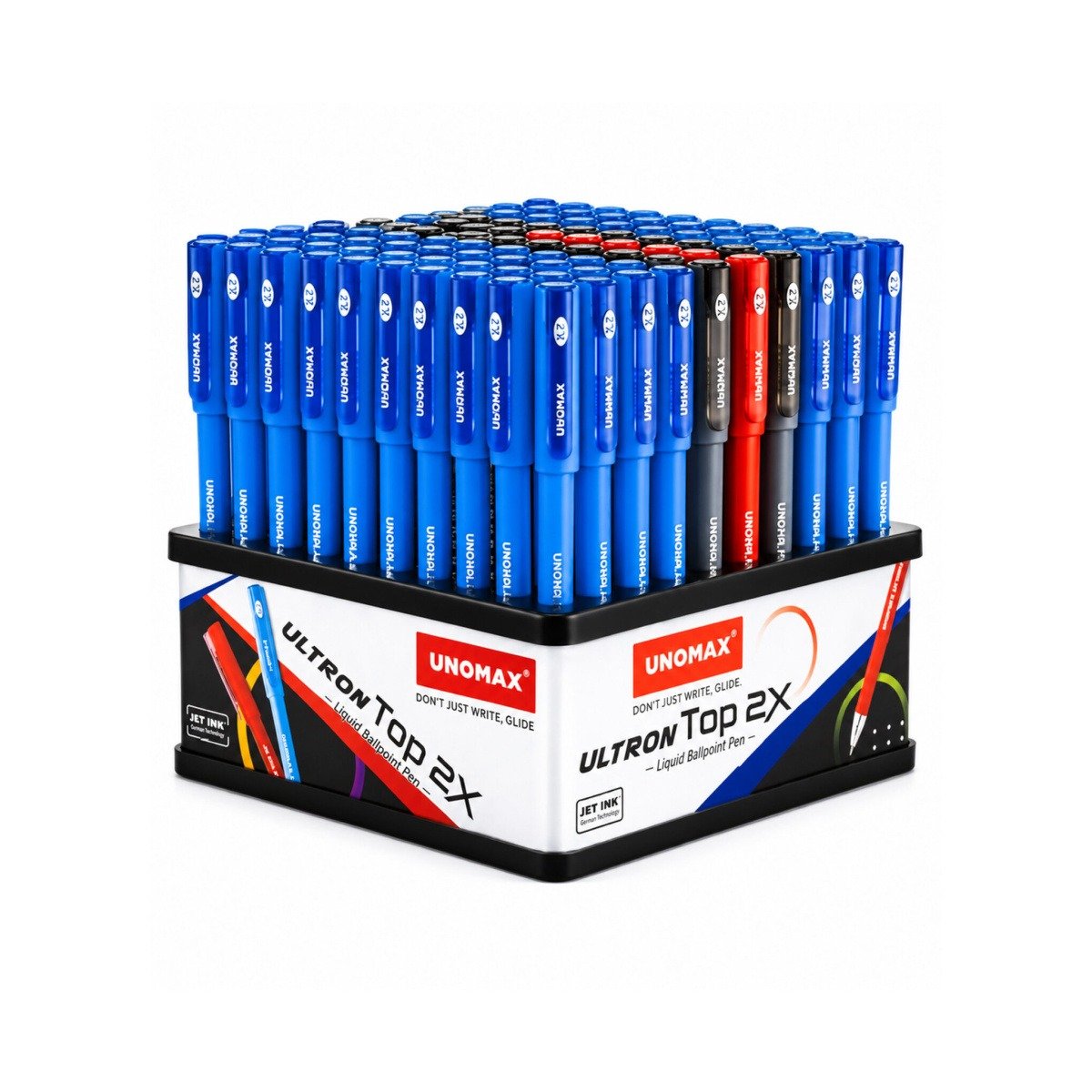 Unomax Ultron Top 2X Liquid Ballpoint Pens | 100 Pcs Stand- 70 Blue, 24 Black, 6 Red