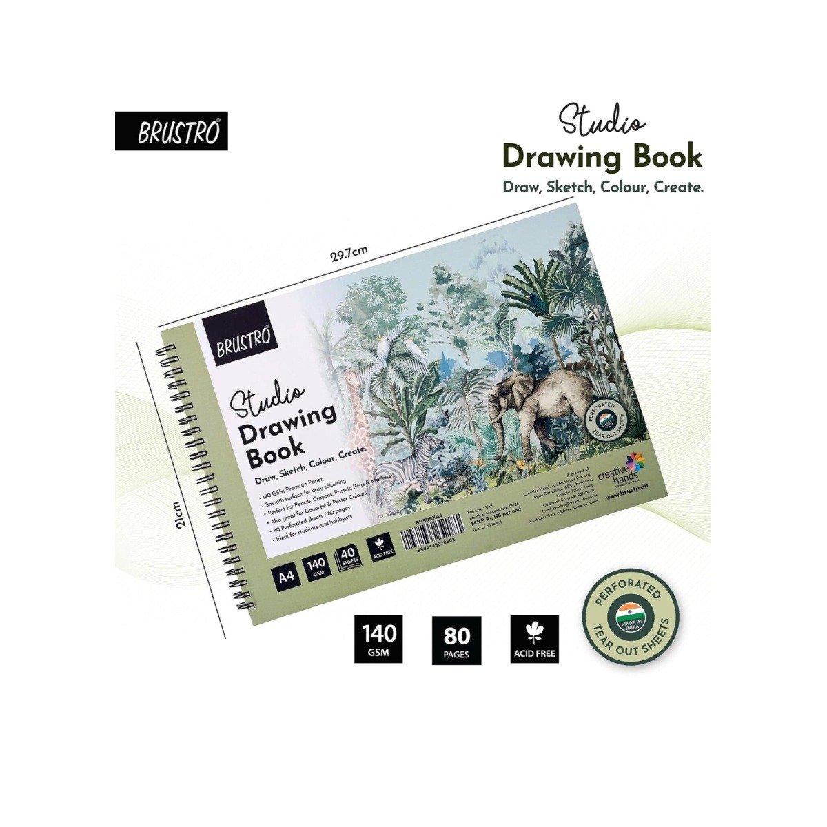 BRUSTRO Studio A4 Drawing Book, Blank 80 Pages, Wiro Bound, 140 GSM, Perforated Sheets, Acid-Free Paper | Drawing, Sketching, Shading With Colour Pencils, Crayons for Students, Hobbyists