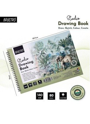 BRUSTRO Studio A4 Drawing Book, Blank 80 Pages, Wiro Bound, 140 GSM, Perforated Sheets, Acid-Free Paper | Drawing, Sketching, Shading With Colour Pencils, Crayons for Students, Hobbyists