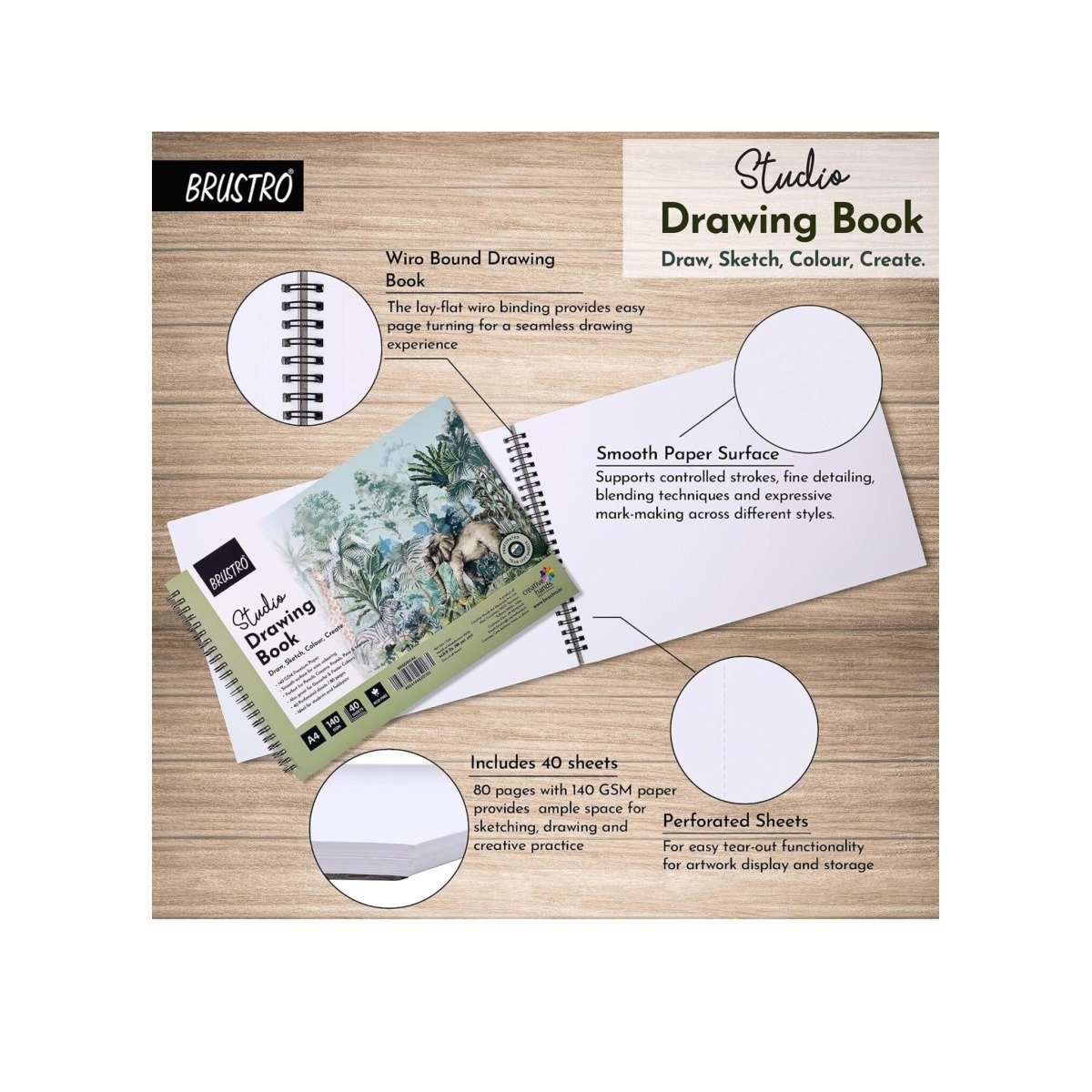 BRUSTRO Studio A4 Drawing Book, Blank 80 Pages, Wiro Bound, 140 GSM, Perforated Sheets, Acid-Free Paper | Drawing, Sketching, Shading With Colour Pencils, Crayons for Students, Hobbyists