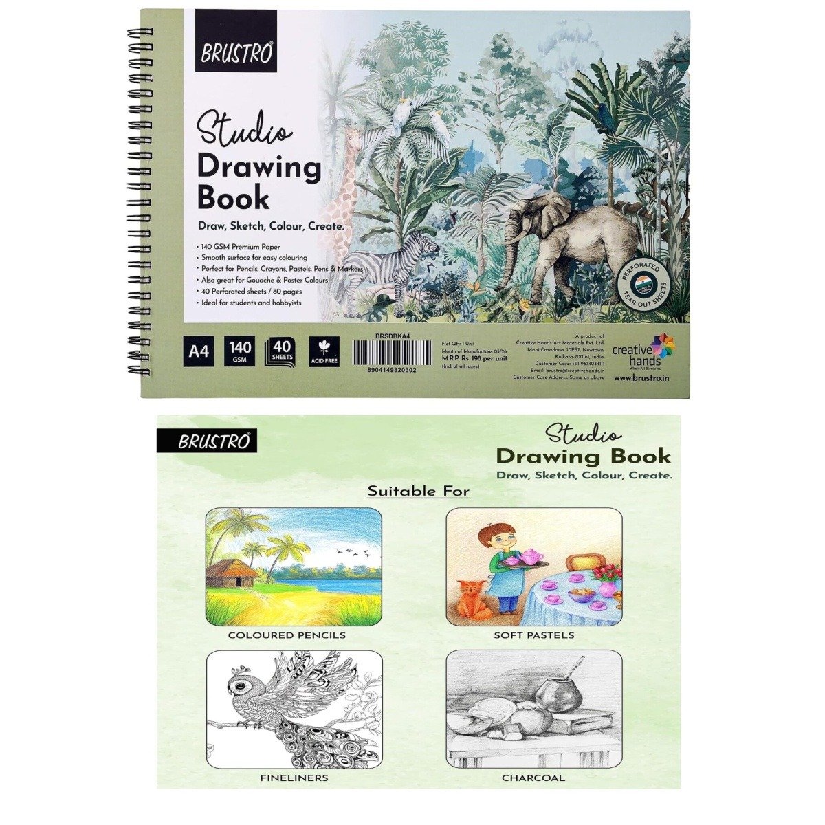 BRUSTRO Studio A4 Drawing Book, Blank 80 Pages, Wiro Bound, 140 GSM, Perforated Sheets, Acid-Free Paper | Drawing, Sketching, Shading With Colour Pencils, Crayons for Students, Hobbyists
