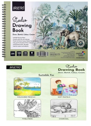 BRUSTRO Studio A4 Drawing Book, Blank 80 Pages, Wiro Bound, 140 GSM, Perforated Sheets, Acid-Free Paper | Drawing, Sketching, Shading With Colour Pencils, Crayons for Students, Hobbyists