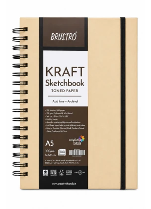 BRUSTRO Toned Paper Kraft A5 Sketchbook, 100 GSM, 100 Sheets, 200 Pages | Wiro Bound, Spiral, Premium Acid-Free Paper