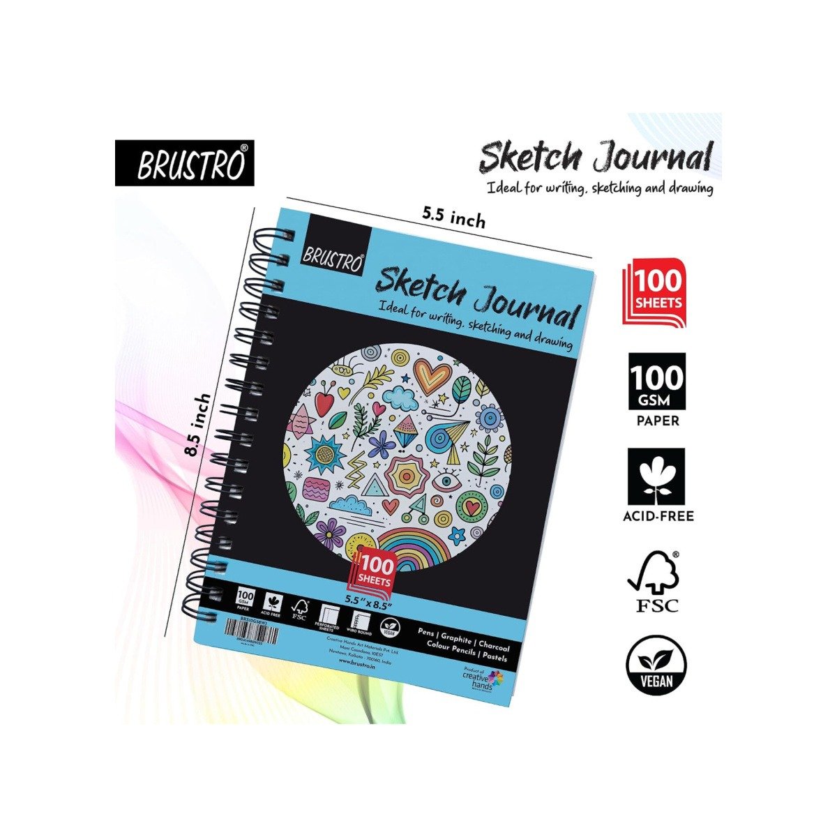 Brustro A5 Sketch Journal 100 Sheets, 100 GSM, Wiro Bound with Perforated Pages| Ideal for Writing, Sketching & Drawing with Pens, Graphite, Charcoal, Pastels & Colour Pencils