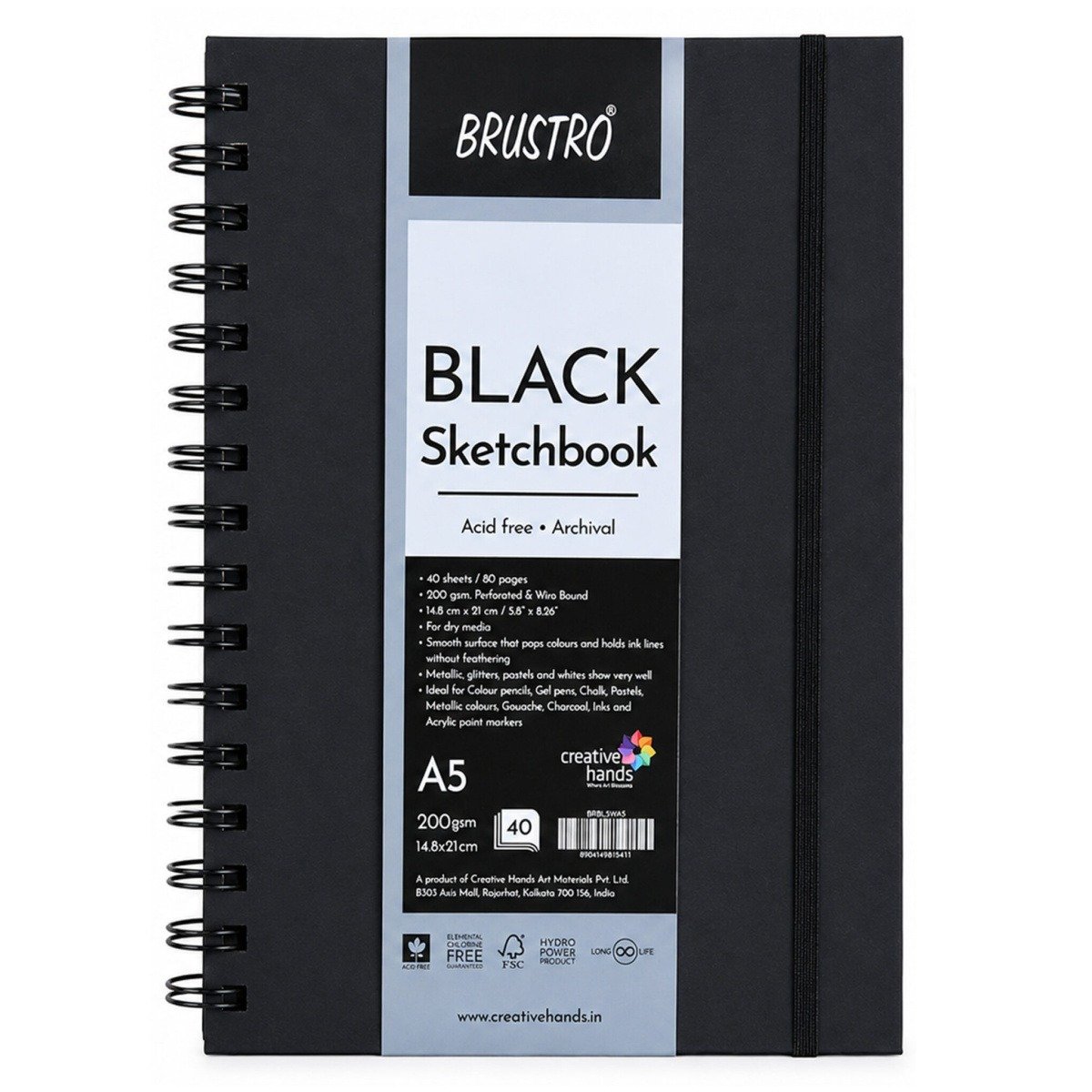 Brustro Black A5 Sketchbook 200GSM | 40 Sheets, 80 Pages | Wiro Bound, Spiral, Premium, Acid-Free Paper Professional-Grade, Ideal for Dry Media, Mandala Art, Graphite, Charcoal, School, Office Use