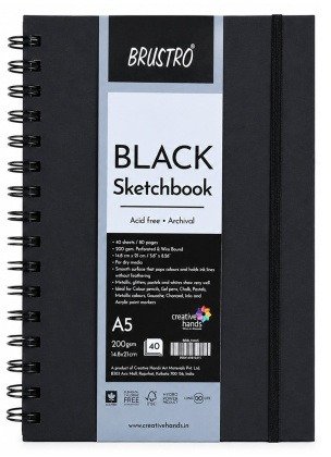 Brustro Black A5 Sketchbook 200GSM | 40 Sheets, 80 Pages | Wiro Bound, Spiral, Premium, Acid-Free Paper Professional-Grade, Ideal for Dry Media, Mandala Art, Graphite, Charcoal, School, Office Use