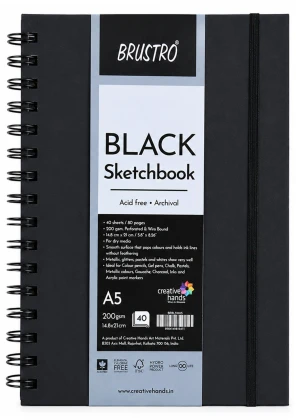Brustro Black A5 Sketchbook 200GSM | 40 Sheets, 80 Pages | Wiro Bound, Spiral, Premium, Acid-Free Paper Professional-Grade, Ideal for Dry Media, Mandala Art, Graphite, Charcoal, School, Office Use
