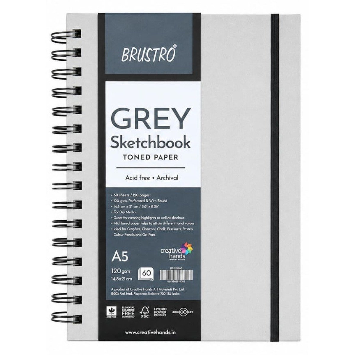 Brustro Toned Paper Grey A5 Sketchbook 120 GSM | 60 Sheets, 120 Pages | Wiro Bound, Spiral Acid-free Paper Drawing, Sketching, Dry media, Mandala Art, Graphite, Charcoal, Colour pencils, Gel pens