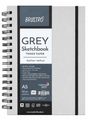 Brustro Toned Paper Grey A5 Sketchbook 120 GSM | 60 Sheets, 120 Pages | Wiro Bound, Spiral Acid-free Paper Drawing, Sketching, Dry media, Mandala Art, Graphite, Charcoal, Colour pencils, Gel pens