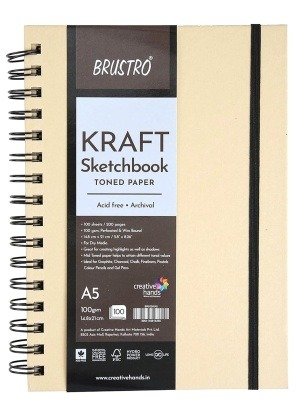 Brustro Toned Paper Kraft Sketchbook, Wiro Bound, Size A4, 100GSM (100 Sheets), 200 Pages, Acid-Free | Ideal for Dry Media, Mandala Art, Graphite, Charcoal, Colour Pencils, Gel pens