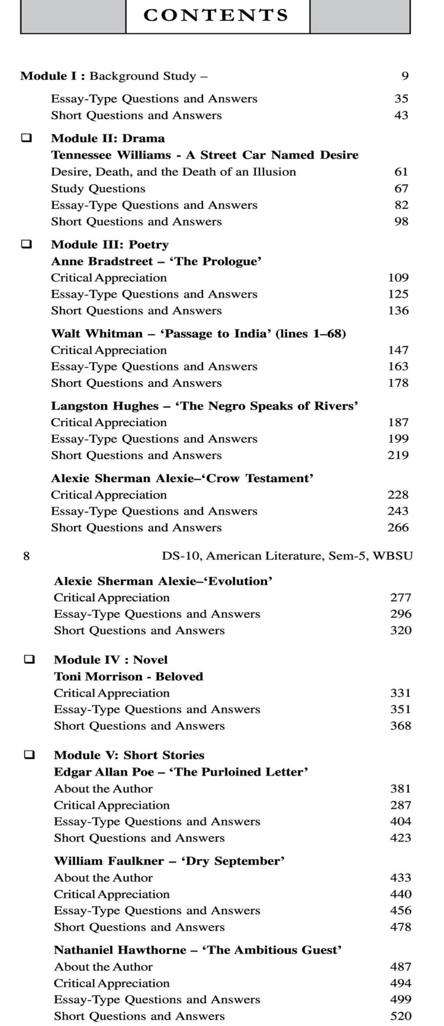 American Literature DS10 text With Guide Semester 5, West Bengal State University By Dr Dhiman Chakraborty (Contents)