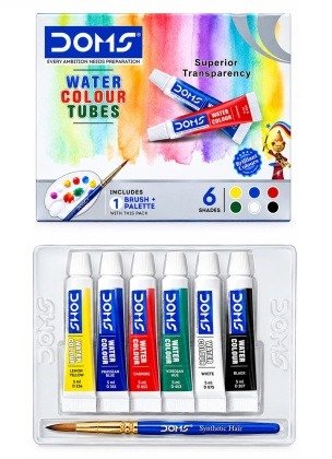 DOMS Water Colour Tubes – 6 Shades with Brush & Palette Create vibrant artwork with DOMS Water Colour Tubes, featuring 6 brilliant shades with superior transparency and smooth application. The set includes 6 × 5 ml colour tubes, 1 synthetic hair brush, and a palette, making it ideal for students, artists, hobbyists, and creative projects.