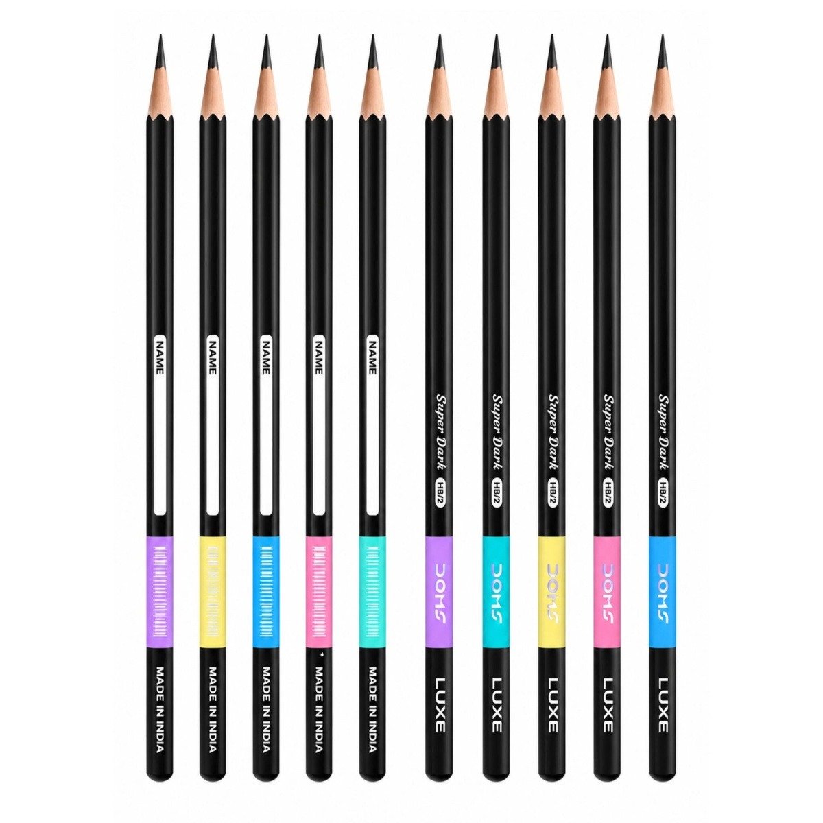 Doms LUXE HB/2 Super Dark Wooden Graphite Pencils Pack of 10 | Breakage Resistant Lead | Hexagonal Body, Firm Grip, Smooth & Long Writing | Includes 1 E-Racer Eraser, 1 Long Point Pencil Sharpener