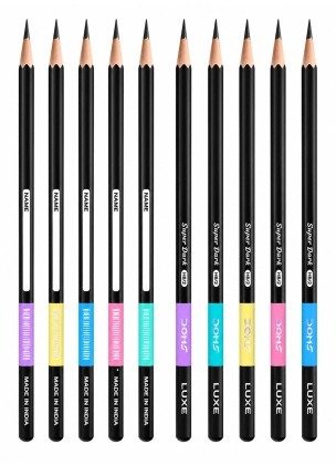 Doms LUXE HB/2 Super Dark Wooden Graphite Pencils Pack of 10 | Breakage Resistant Lead | Hexagonal Body, Firm Grip, Smooth & Long Writing | Includes 1 E-Racer Eraser, 1 Long Point Pencil Sharpener