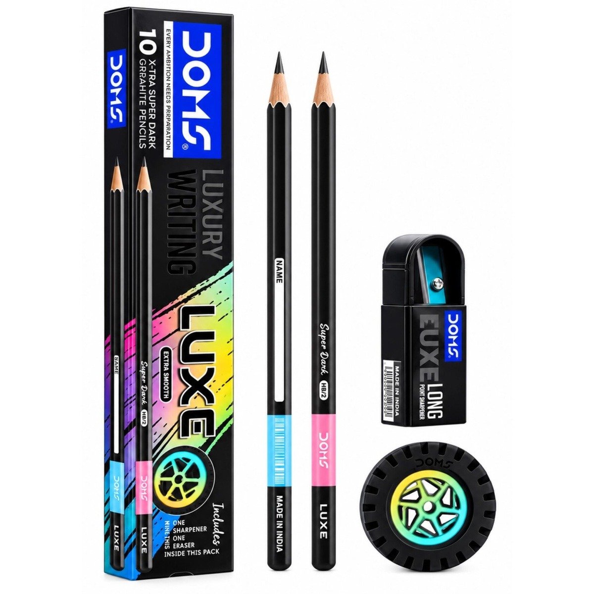 Doms LUXE HB/2 Super Dark Wooden Graphite Pencils Pack of 10 | Breakage Resistant Lead | Hexagonal Body, Firm Grip, Smooth & Long Writing | Includes 1 E-Racer Eraser, 1 Long Point Pencil Sharpener