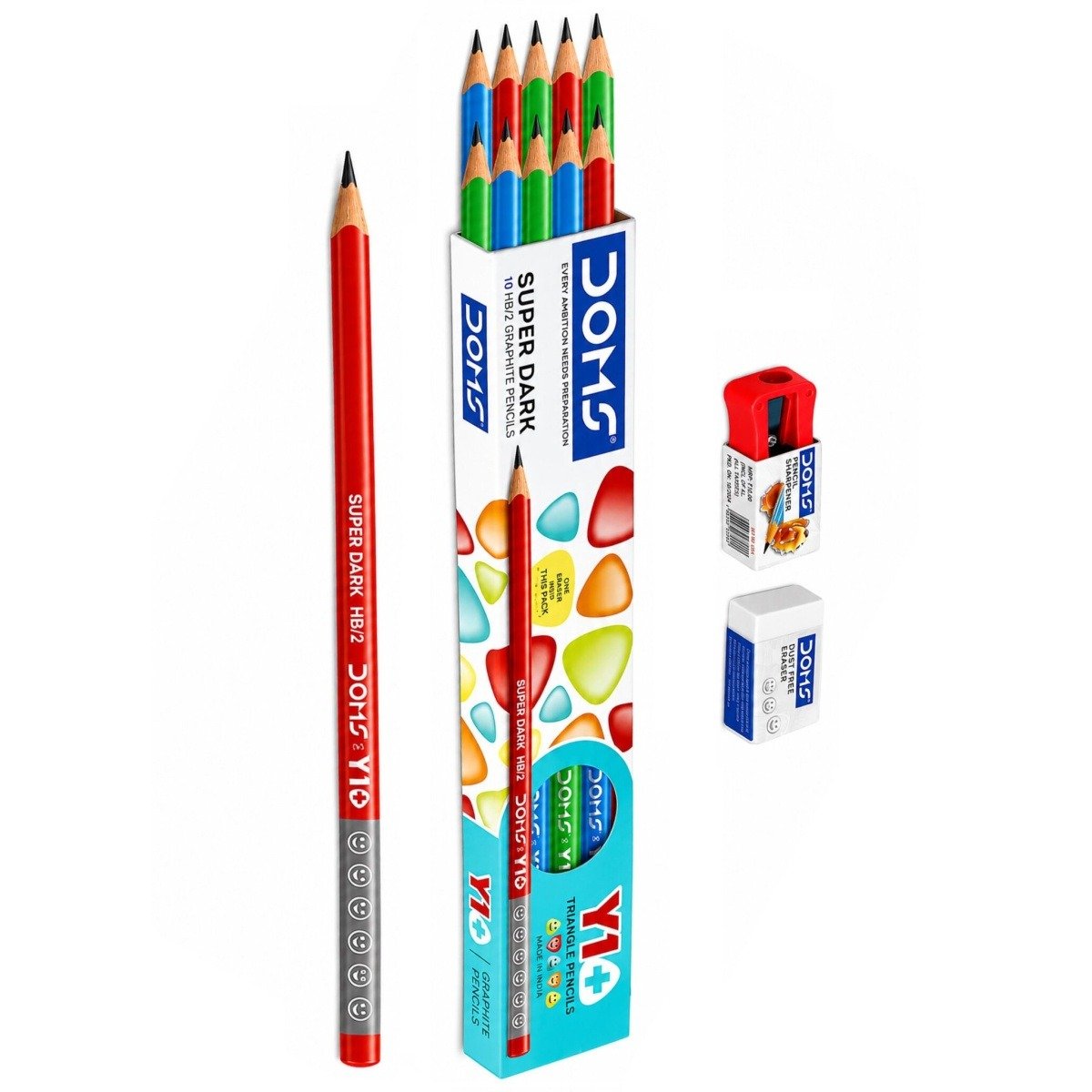 DOMS Y1 Super Dark HB 2 Pencil, Box Pack - 1 Eraser and 1 Sharpener Free
