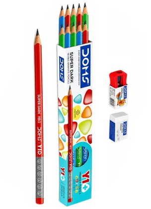 DOMS Y1 Super Dark HB 2 Pencil, Box Pack - 1 Eraser and 1 Sharpener Free